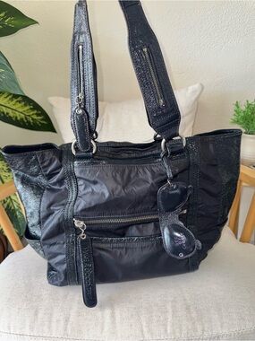 See by Chloé Tote Blue Nylon Glossy Patent Leather Trim Shiny Shoulder Bag Purse